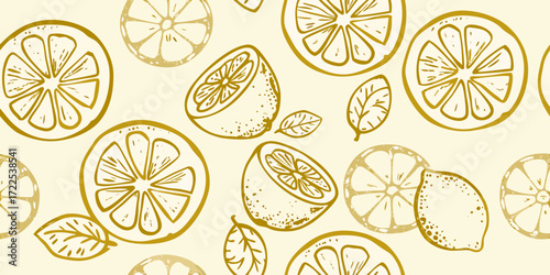 Seamless pattern of hand drawn golden lemons and leaves on a light cream background