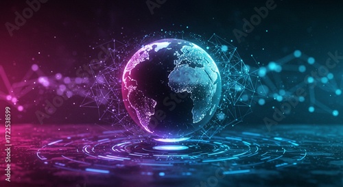 Global Digital Network and Cyber Technology Concept with Futuristic Hologram Earth.