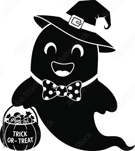Smiling ghost with hat, bowtie, and candy bucket � Halloween black silhouette character