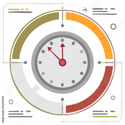 Circular infographic displaying a clock face with colored segments and timeline elements