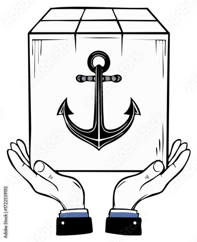 Hands Hold Cardboard Box with Anchor Symbol Design Concept, Marine Element
