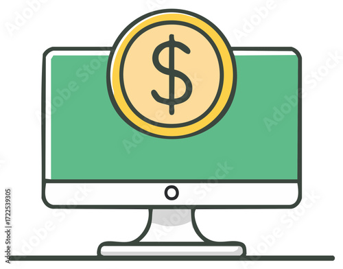 Digital coin symbol displayed on computer screen for online finance and earnings
