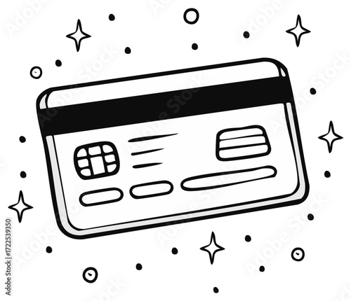Hand Drawn Credit Card Payment Transaction with Dots and Stars Decoration on White
