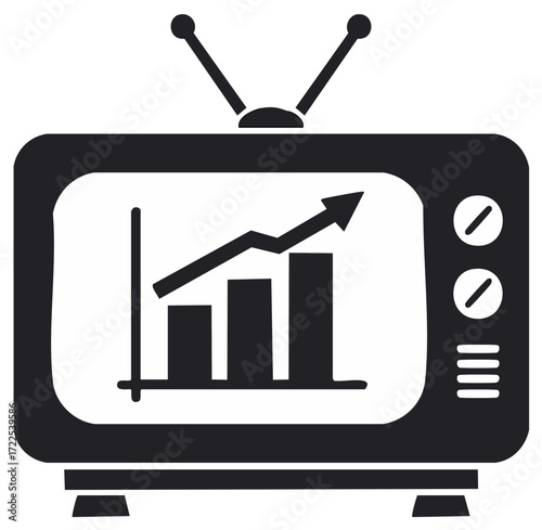 Vintage Television Showing a Business Growth Bar Chart and Arrow Up Icon