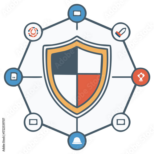 Comprehensive network defense shield safeguarding information and online systems digital protection illustration