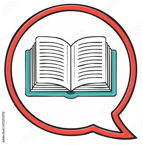 Open book within a red speech bubble illustration representing knowledge and communication