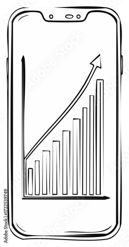 Smartphone sketch shows increasing bar graph with upward arrow symbol