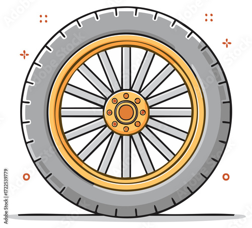 Classic car wheel with golden spoked rim cartoon vector illustration icon