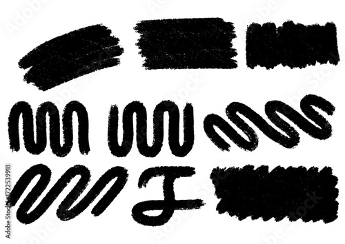 Set of black brush stroke elements, creative brushwork, artistic textures, and graphic design assets