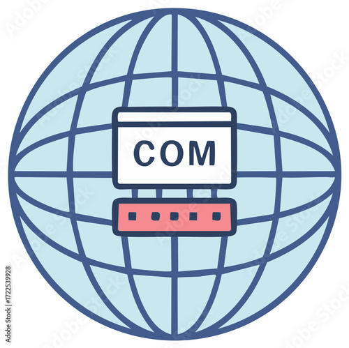Global network globe with COM domain on a computer monitor screen icon