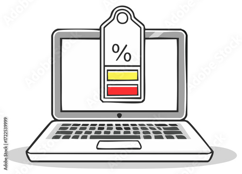 Online shopping concept with a laptop and discount price tag doodle illustration