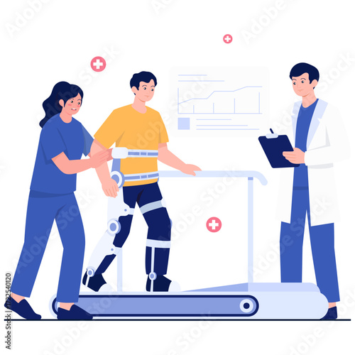 Physical therapy session with exoskeleton and treadmill