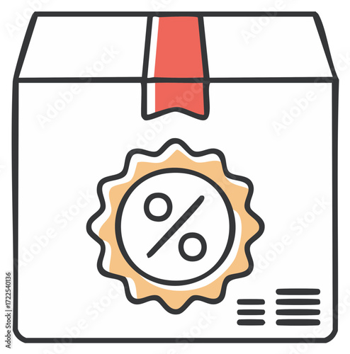 Hand drawn cardboard box with a percentage discount sticker and red seal symbolizing sale offers