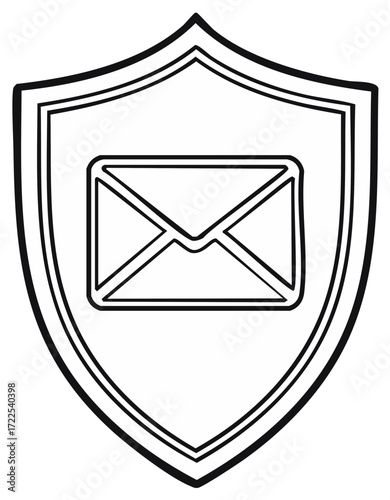 Security shield icon with email envelope, online safety, data protection concept, simple black and white drawing
