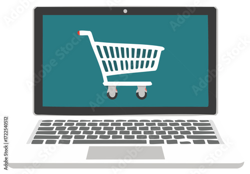 Shopping cart icon displayed on laptop screen for online purchasing