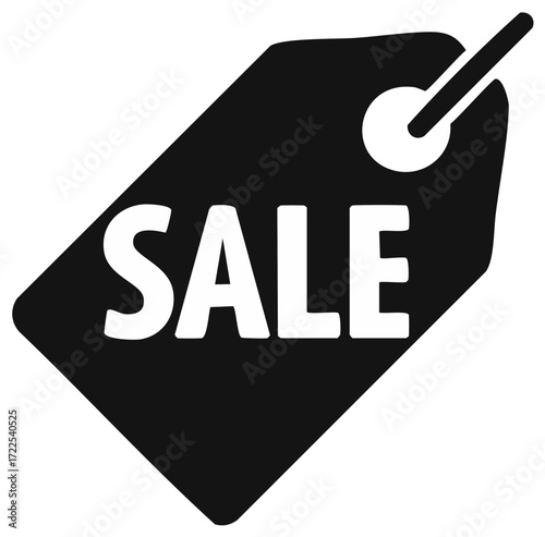 Black sale tag with white text offering discounts and savings for consumer purchases and retail marketing