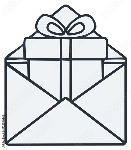 Open envelope with gift box and ribbon inside a surprise delivery concept illustration