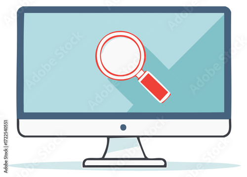 Desktop Computer Screen Displaying Magnifying Glass Icon for Searching, Data analysis, research and finding information
