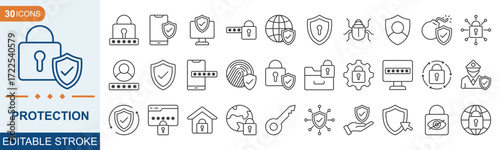 Protection Editable Icon set. Vector illustration in modern thin line style of security related icons: shield, lock, guard, and more. Illustration Eps 10