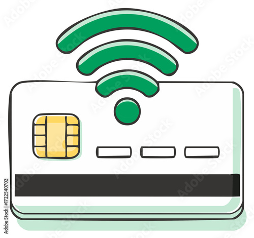 White payment card with green wireless symbol and chip for secure contactless transactions