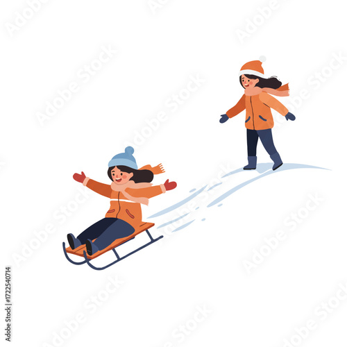 Excited child sledding down a snow-covered hill with another child waiting at the top, both wearing cozy winter attire in a vibrant flat 2D vector illustration.