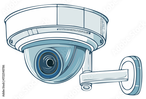 Illustration of a modern security dome camera mounted on a wall arm.