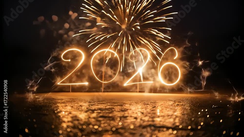 Glowing numbers of 2026 illuminated by bright fireworks and reflected on a wet surface