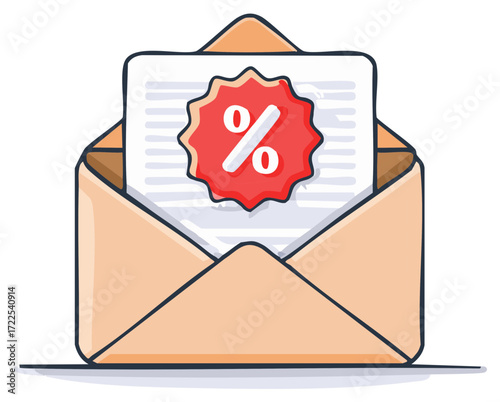 Open envelope delivering discount offer letter with percentage sign stamp