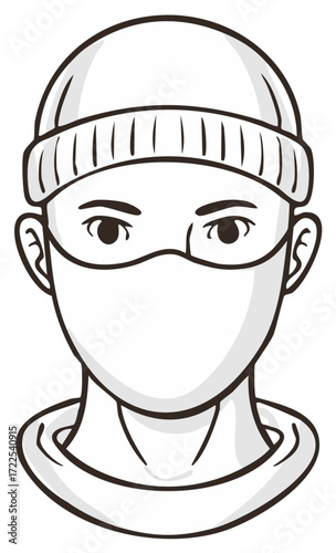 Person wearing beanie and face mask, front view illustration