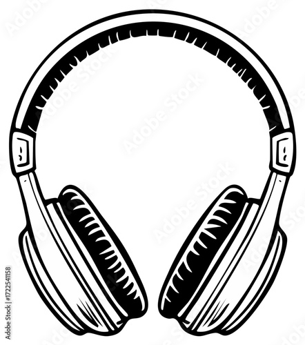 Headphones Illustration, Black and White Audio Music Device