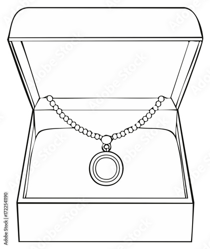 Line art illustration of a necklace with a round pendant in an open jewelry box