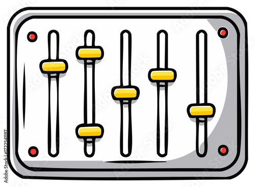 Audio mixing console sliders with yellow knobs and a red indicator light