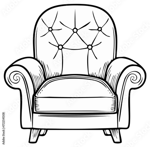Elegant armchair outline illustration featuring a tufted back with classic rolled arms rendered in a clean vector style for design and decor