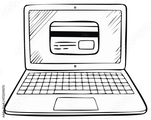 Laptop with Credit Card on Screen Concept of Online Shopping Hand Drawn