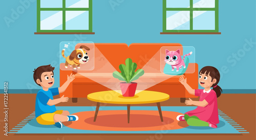 Two children playing with virtual pets in a living room.