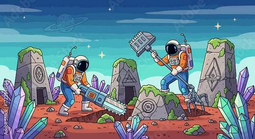 Two astronauts mining crystals on an alien planet.