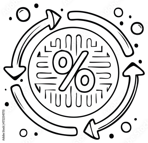 Discount Cycle with Percentage Sign within Circular Arrow Doodle Style Concept