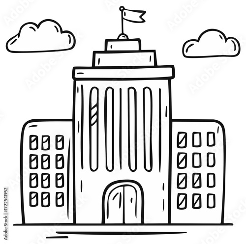 Hand Drawn Government Building Illustration with Clouds and Flag