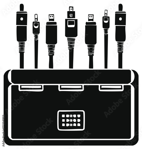 Multiple USB Cables and Charging Hub with Grid Interface Isolated on White