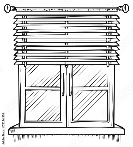 Line Art Illustration of a Window with Closed Venetian Blinds and a Sill in Black and White for Coloring or Graphic Design