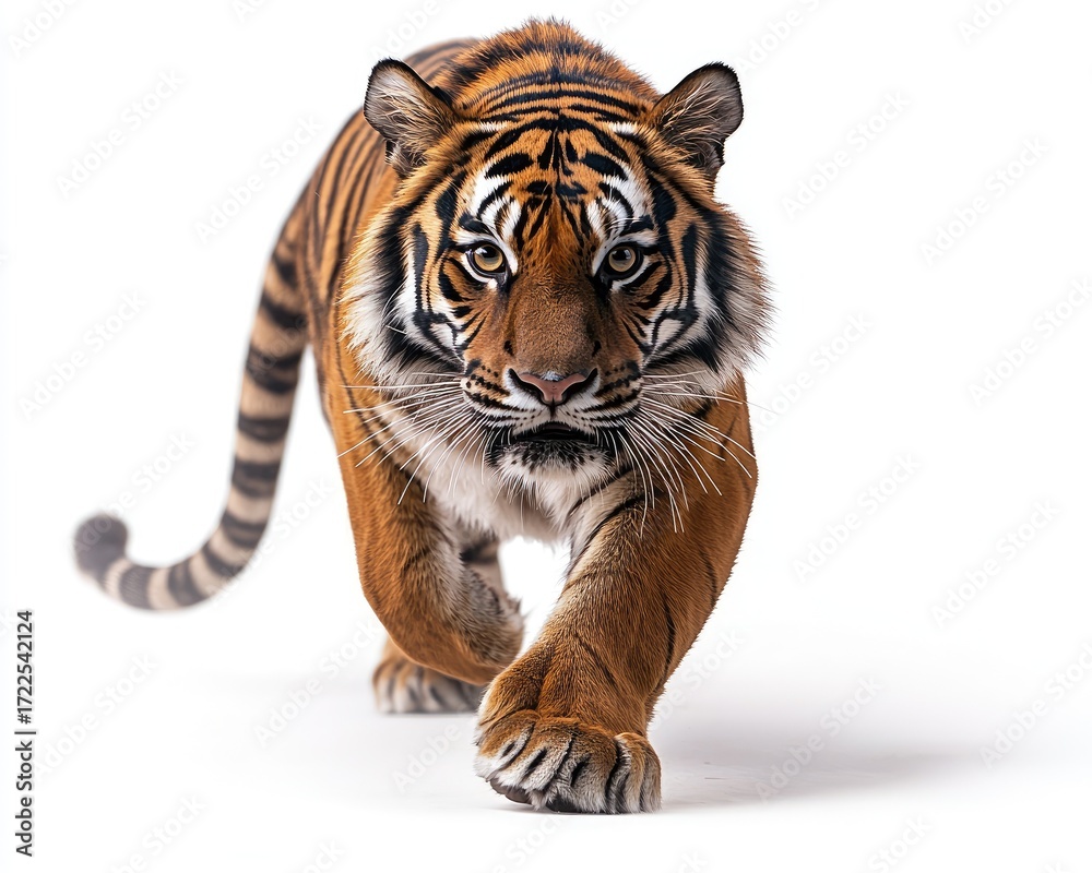 Obraz premium Tiger in a bold, forward stride against a white background. Powerful stance