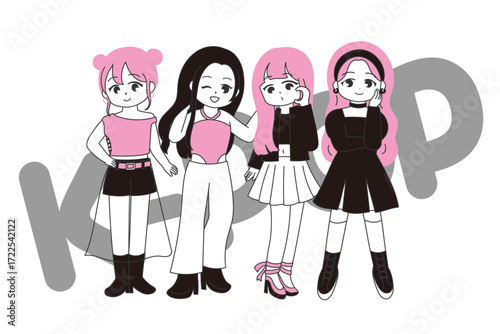 女性K-POPグループ風のかわいいイラスト