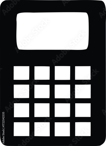 Simple black and white icon of a calculator device with a screen and keypad for counting and financial tasks