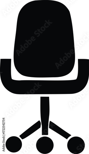 Simple black silhouette office chair icon graphic representing furniture office seating and workspace.