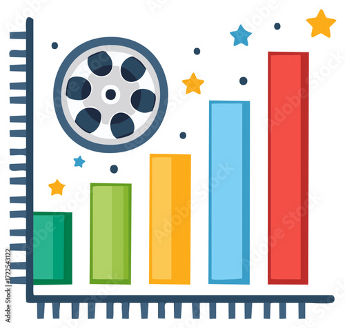 Movie Industry Bar Chart with Film Reel and Stars Showing Sales Trends and Performance