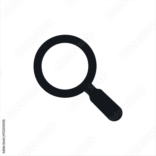 This single search icon features a minimalistic magnifying glass design in solid black. Its straightforward style makes it an ideal choice for representing the search function in digital products. The