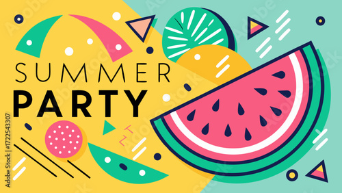 Vibrant summer party announcement with watermelon and geometric shapes