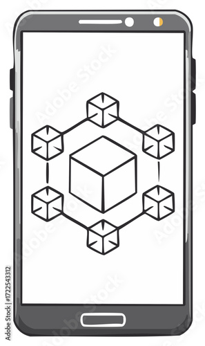 Doodle illustration of a mobile phone displaying a decentralized blockchain network with connected blocks