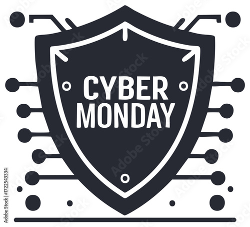 Cyber Monday promotional shield, data lines conveying deals, digital shopping, tech event, holiday discounts.