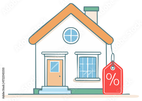 Stylized single family home with a for sale percentage tag on the side, suggesting a discount or deal on the price of the home